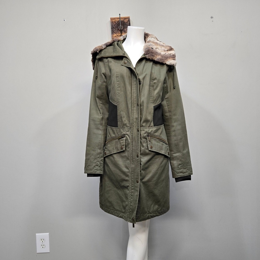 BNCI Parka Coat Large Olive Green Insulated Faux Fur Mock Neck Military Utility